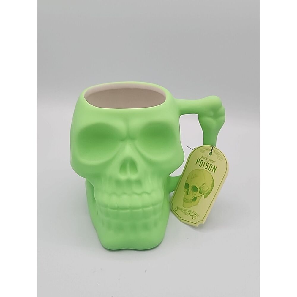 Sunday Morning Ceramics Pick Your Poison Green Skull Mug Bone Handle